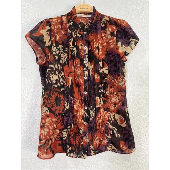Gibson Top Womens S Multicolor Button Up Floral Ruffle Pleated Sheer Chiffon Y2K - Picture 1 of 9